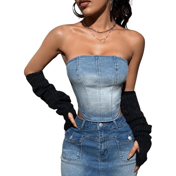 Floerns Women's Sleeveless Strapless Zipper Back Bandeau Crop Denim Tube Top - Picture 1 of 7
